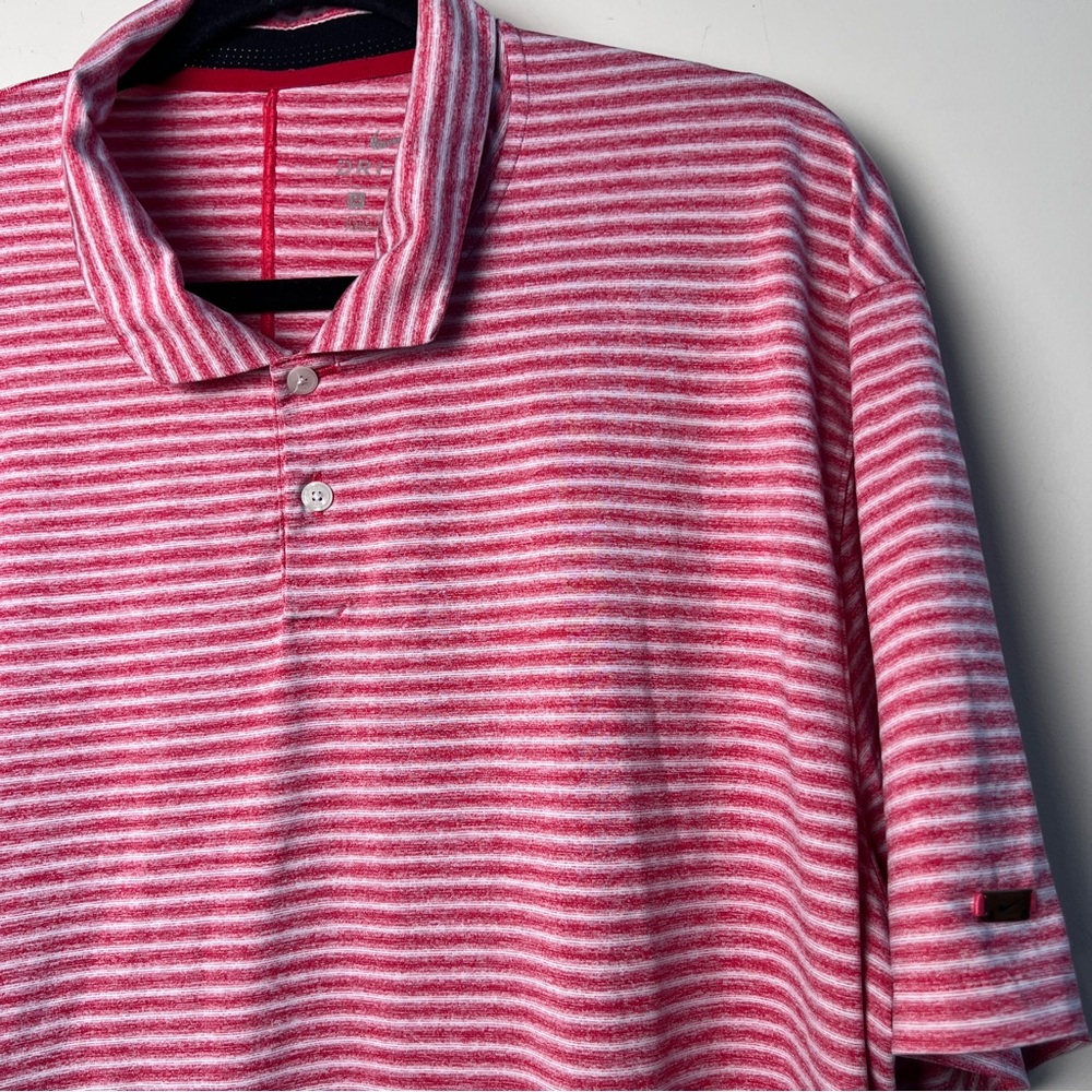 Nike Tiger Woods Striped Red Pink White Button Golf Polo Men's Shirt XL